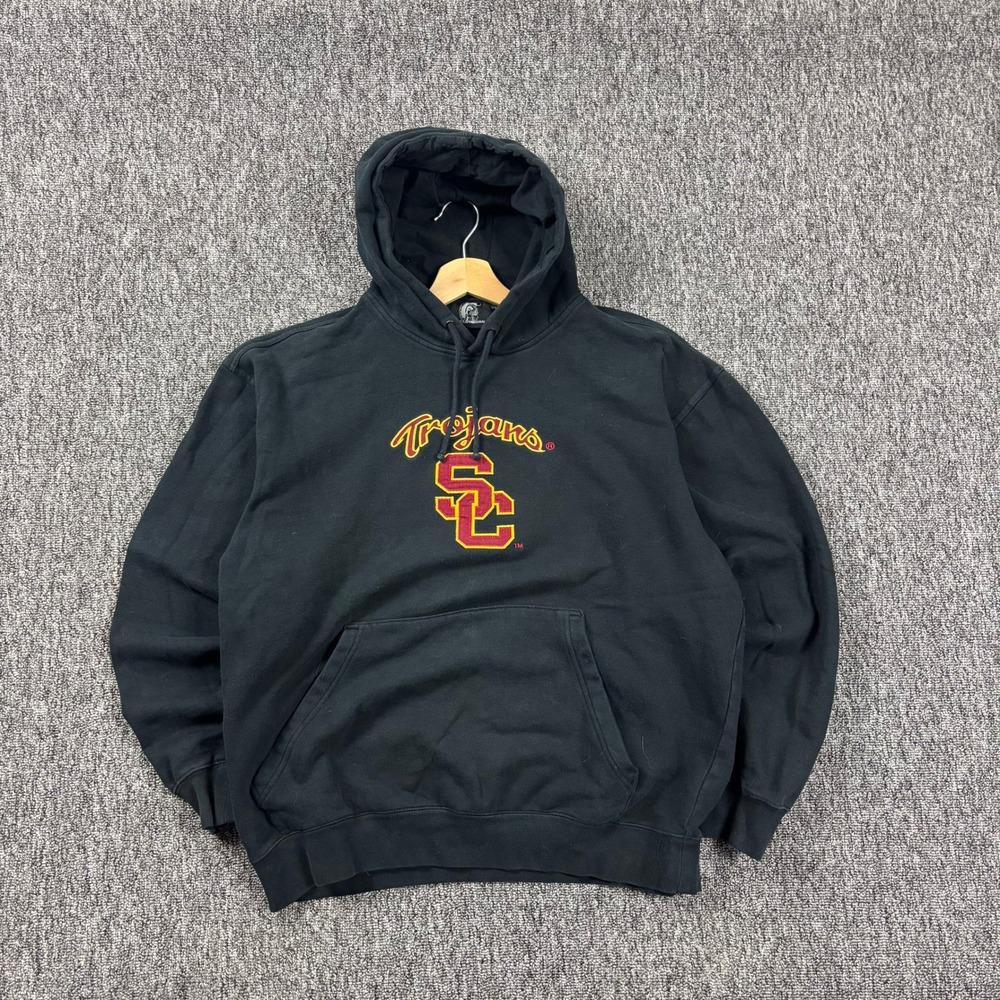 Y2K USC Trojan Embroidered Heavyweight Distressed Collegiate Hoodie Black XL